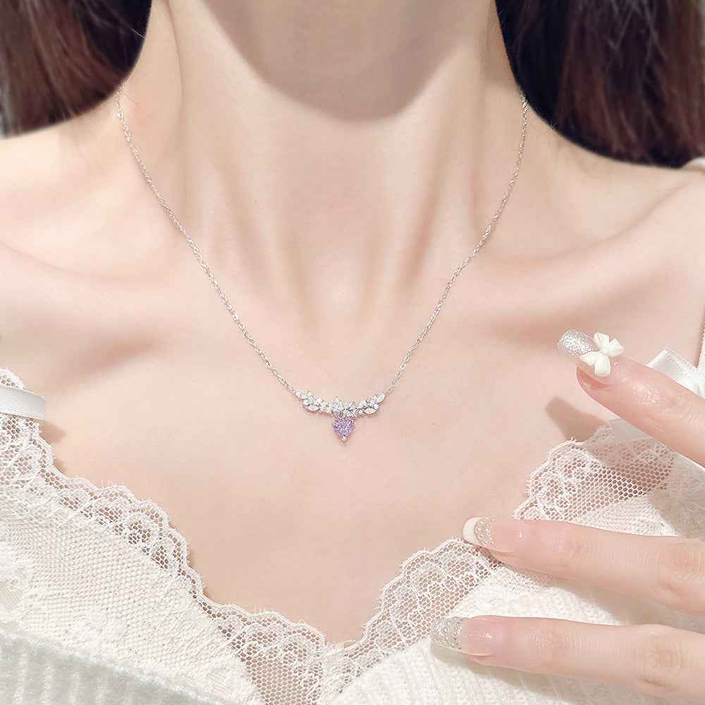 “Wisteria Grace” 925 Sterling Silver Iced-Cut Purple Heart Pendant Necklace