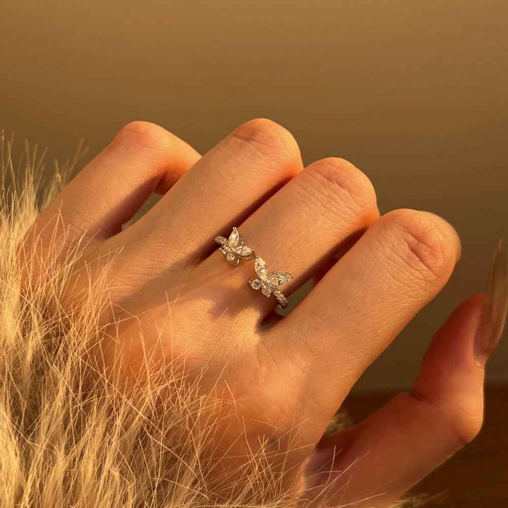 “Crystal Papillon” 925 Sterling Silver Open Butterfly Zircon Ring