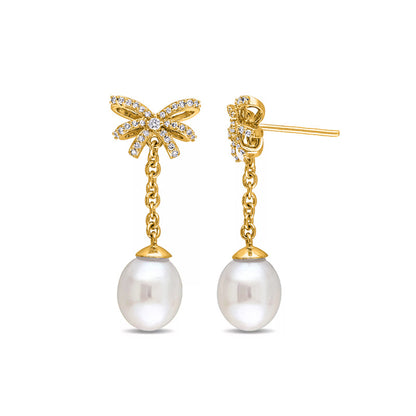 "Ribbon Pearl" 925 Sterling Silver Bow & Pearl Drop Earrings