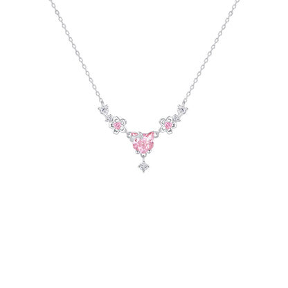 “Sakura Kitty” 925 Sterling Silver Pink Zircon Cat Necklace & Bracelet Set