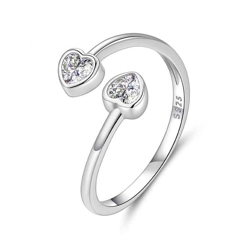 “Twin Heart Whisper” 925 Sterling Silver Adjustable Open Heart Ring