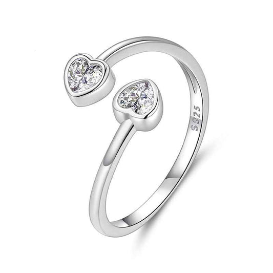 “Twin Heart Whisper” 925 Sterling Silver Adjustable Open Heart Ring