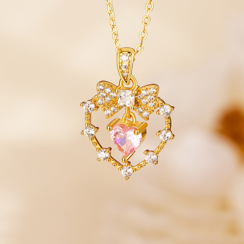 “Velour Knot” S925 Sterling Silver Pink Heart Bow Necklace