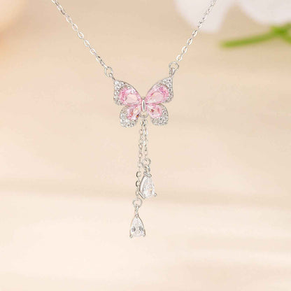 “Blush Flutter” 925 Sterling Silver Pink Butterfly Tassel Necklace