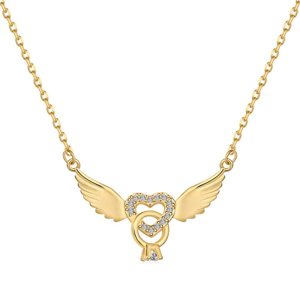 “Angel Promise” 925 Sterling Silver Winged Heart Ring Pavé Zircon Necklace