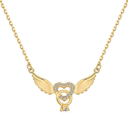 “Angel Promise” 925 Sterling Silver Winged Heart Ring Pavé Zircon Necklace