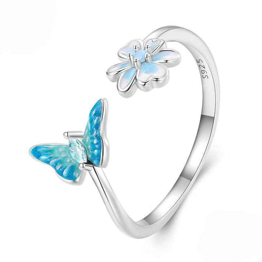 “Blue Flutter Bloom” S925 Sterling Silver Open Ring