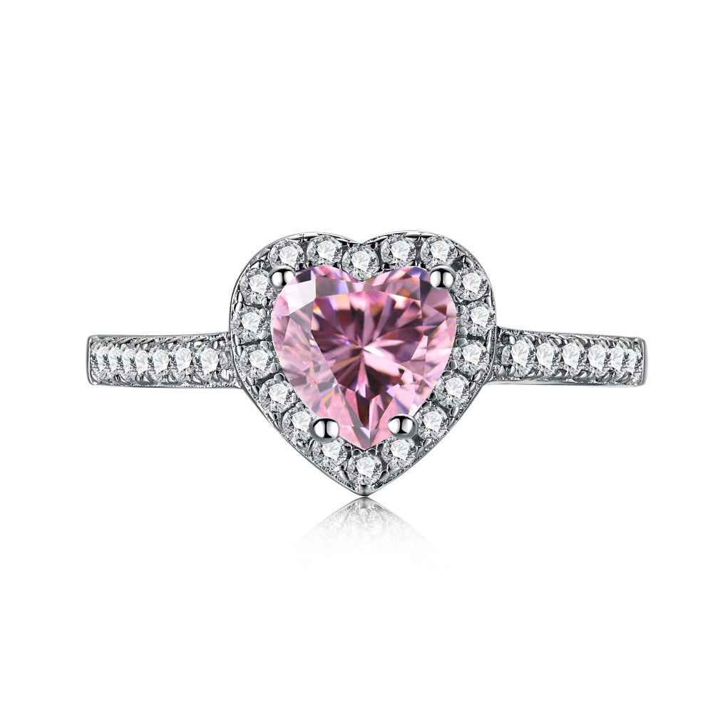 “Blush Radiance” 925 Sterling Silver Pink Heart Halo Pavé Ring