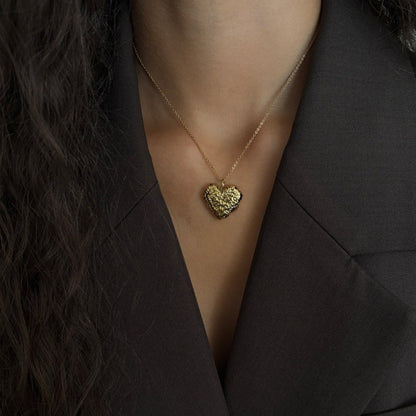 “Textured Heart” 18K Real Gold Plated Brass Pendant Necklace