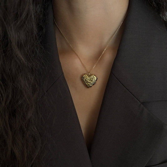 “Textured Heart” 18K Real Gold Plated Brass Pendant Necklace