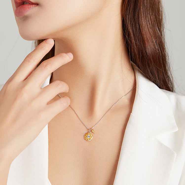 “Golden Sunbloom” 925 Sterling Silver Gold-Plated Sunflower Zircon Necklace
