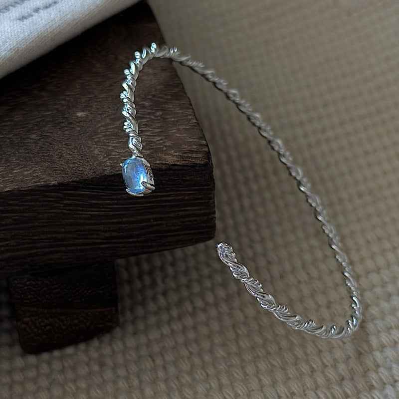 “Blue Mist” S925 Sterling Silver Aquamarine Open Bangle Bracelet