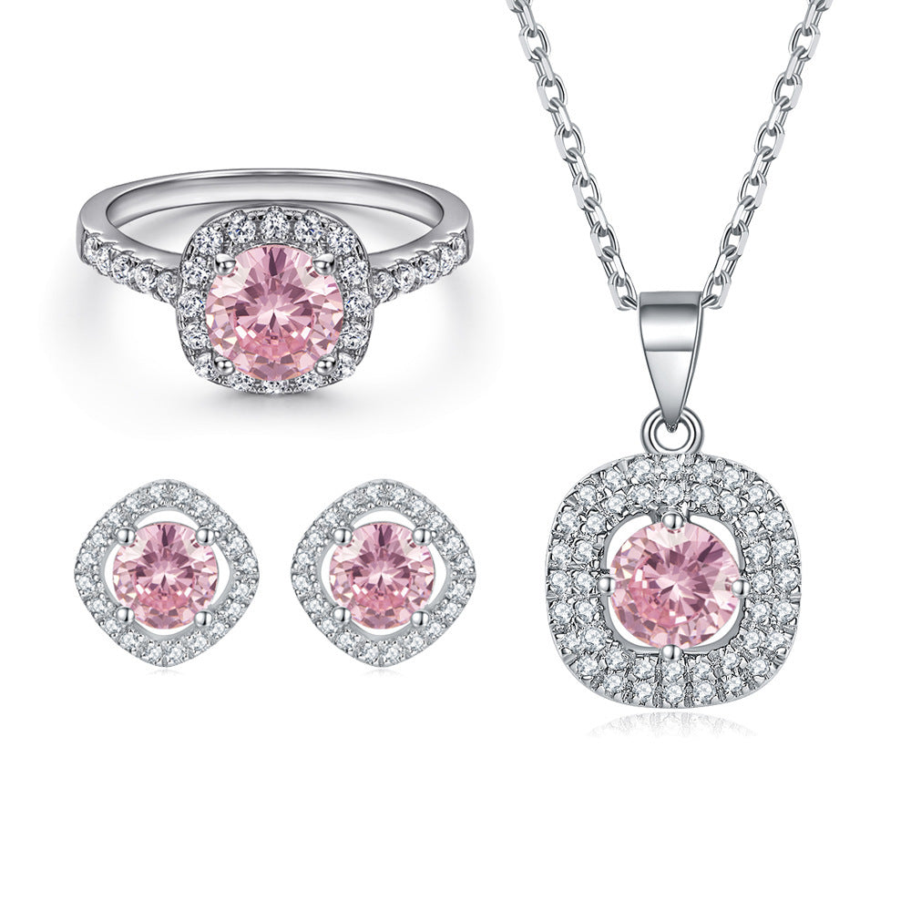 “Pink Halo Symphony” 925 Sterling Silver Pink Zircon Jewelry Set