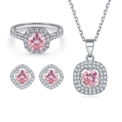 “Pink Halo Symphony” 925 Sterling Silver Pink Zircon Jewelry Set