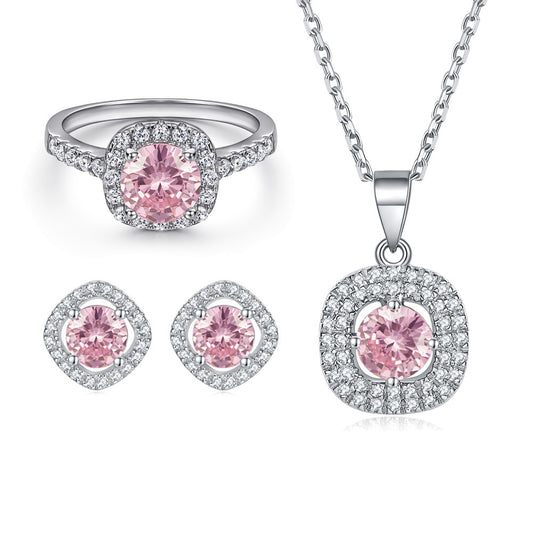 “Pink Halo Symphony” 925 Sterling Silver Pink Zircon Jewelry Set