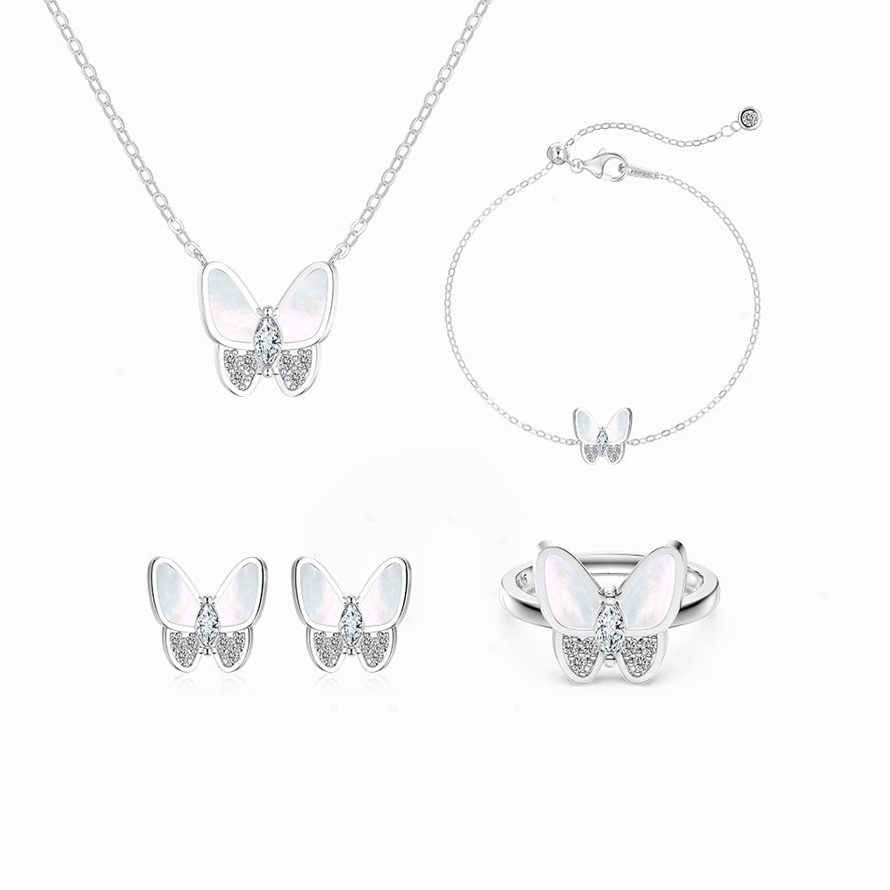 “Lumière Papillon” S925 Sterling Silver Mother-of-Pearl Butterfly Jewelry Set (Necklace, Bracelet, Earrings & Ring)
