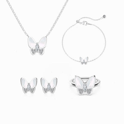 “Lumière Papillon” S925 Sterling Silver Mother-of-Pearl Butterfly Jewelry Set (Necklace, Bracelet, Earrings & Ring)