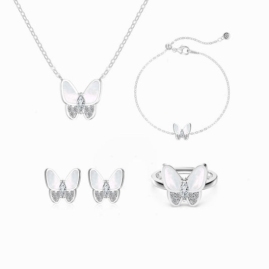 “Lumière Papillon” S925 Sterling Silver Mother-of-Pearl Butterfly Jewelry Set (Necklace, Bracelet, Earrings & Ring)