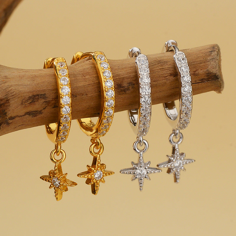 "Polar Star" 925 Sterling Silver Pavé Hoop Drop Earrings