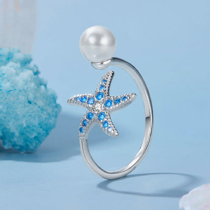 “Azure Star” S925 Sterling Silver Pearl Open Ring