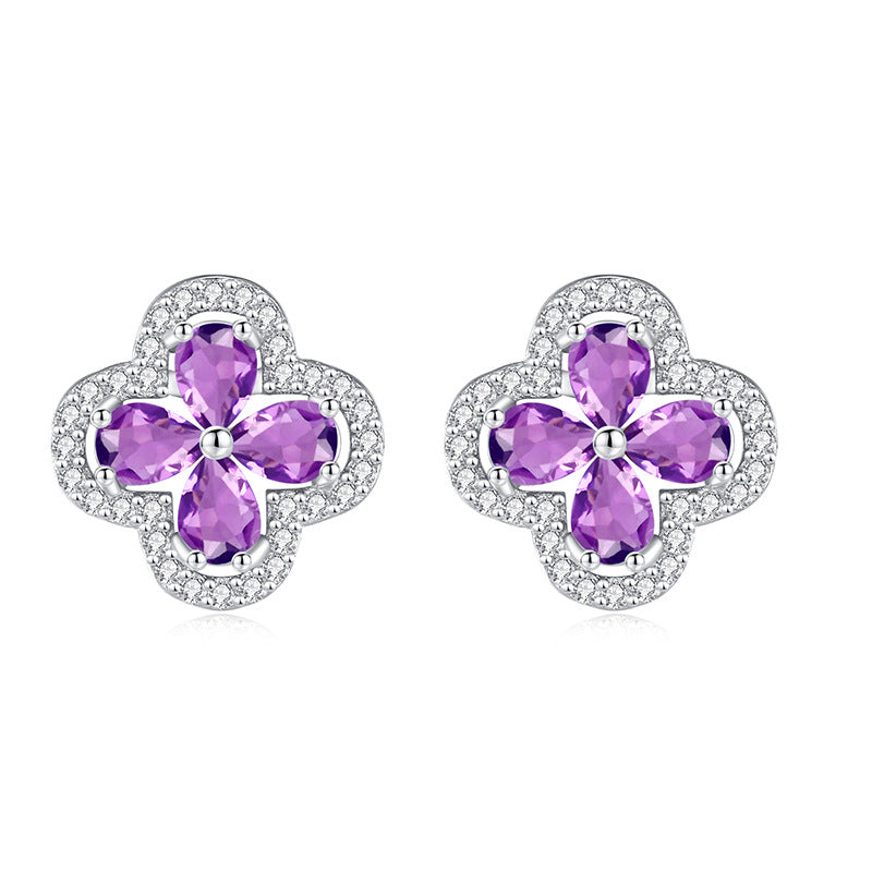 “Amethyst Clover” S925 Sterling Silver Natural Amethyst Clover Jewelry Set (Necklace & Earrings)