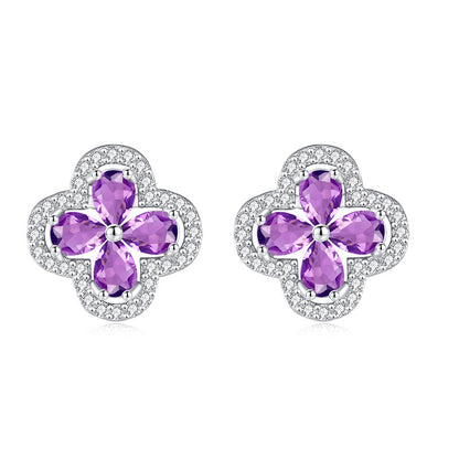 “Amethyst Clover” S925 Sterling Silver Natural Amethyst Clover Jewelry Set (Necklace & Earrings)