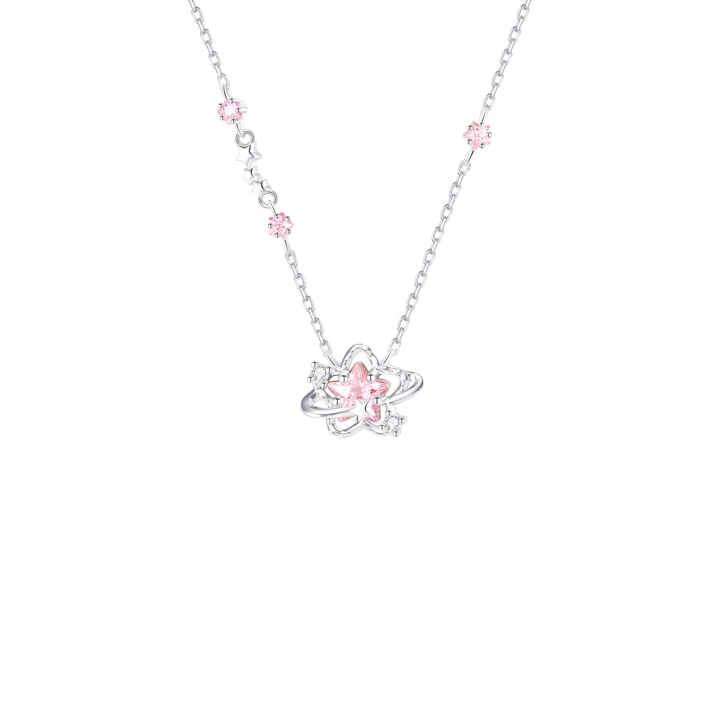 “Pink Stardust” 925 Sterling Silver Star Planet Pink Zircon Necklace