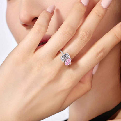 “Dual Lumina” 925 Sterling Silver Dual-Stone Pear & Emerald-Cut Ring
