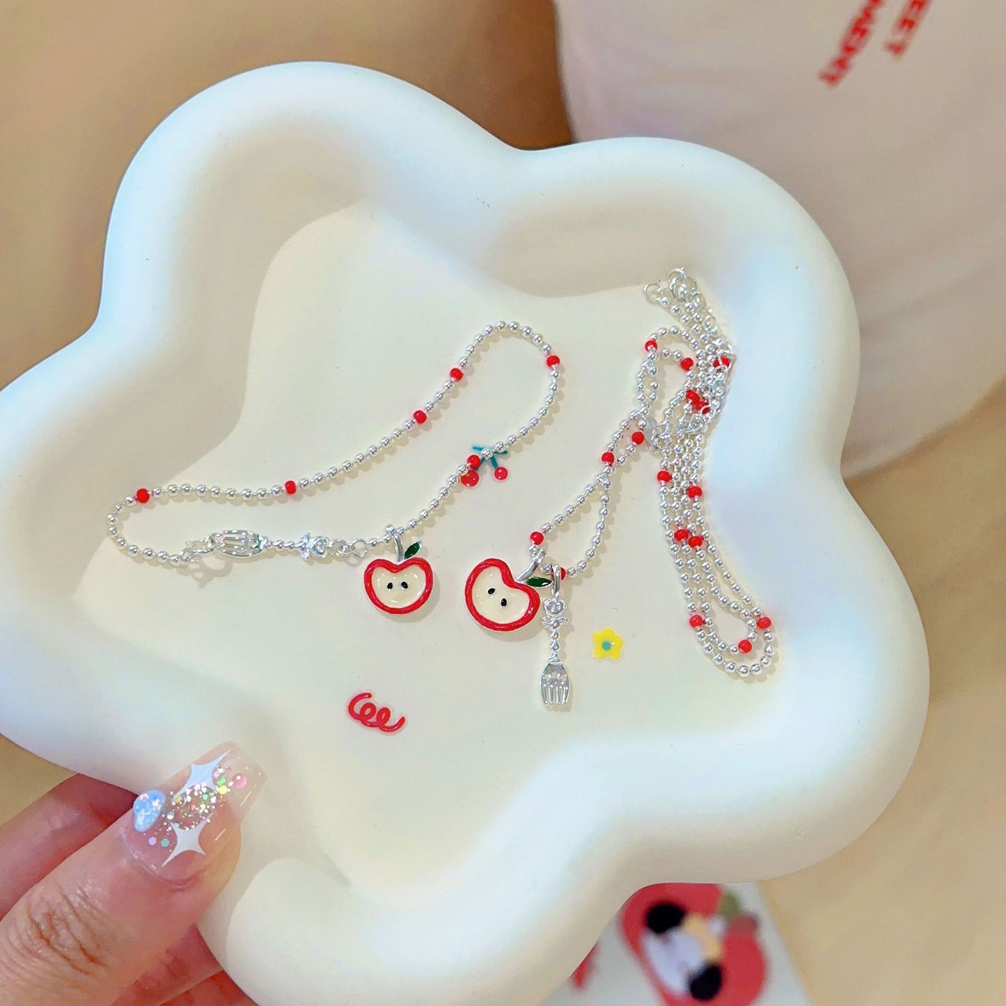 “Crimson Orchard” S925 Sterling Silver Red Apple Charm Necklace