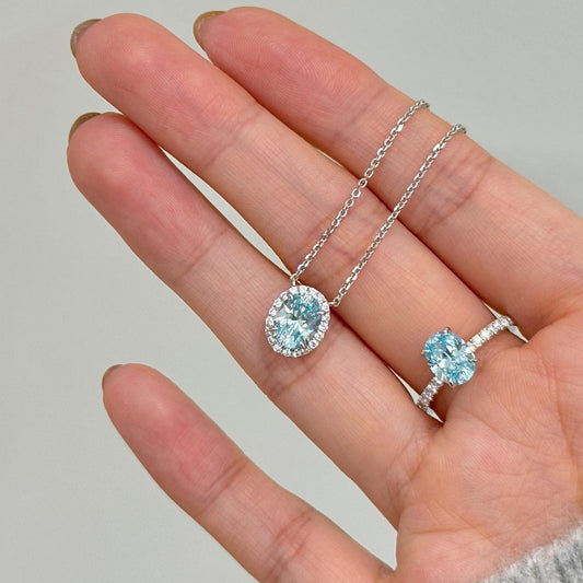 "Blue Horizon" S925 Sterling Silver Oval Zircon Necklace & Ring Set