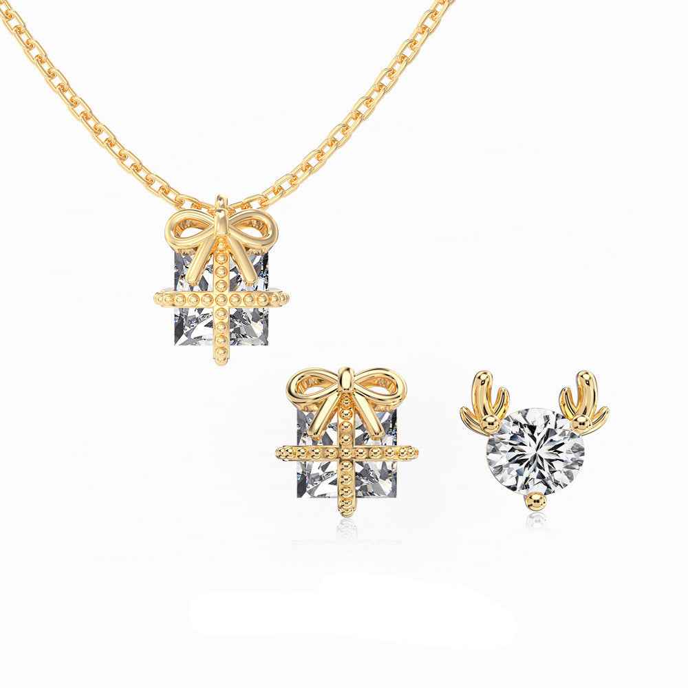 "Holiday Gift Set" 925 Sterling Silver Present & Reindeer Jewelry Set