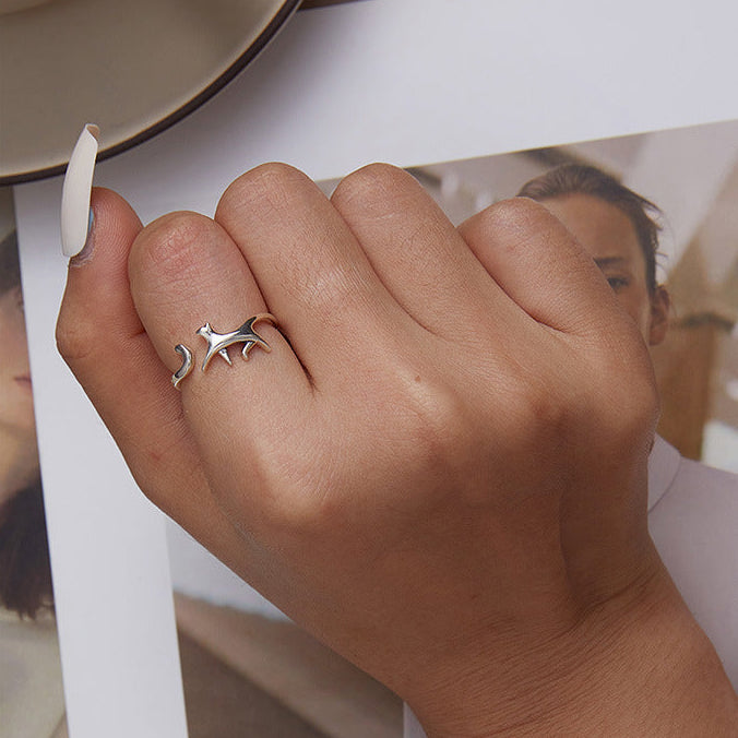 “Playful Pounce” S925 Sterling Silver Cat Open Ring