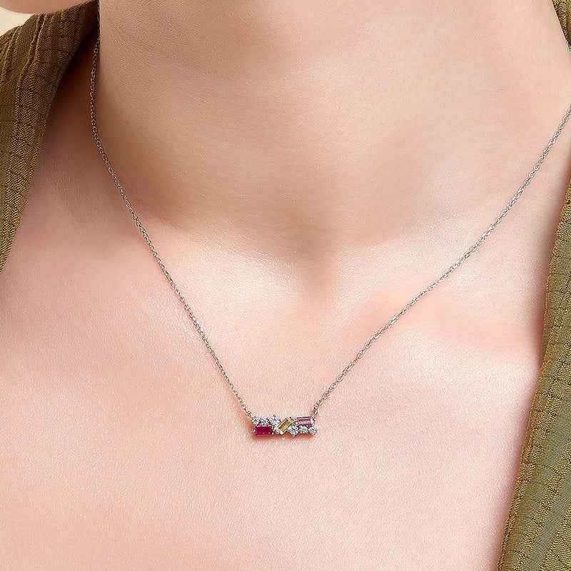 “Trilume Bar” 925 Sterling Silver Multicolor Zircon Necklace