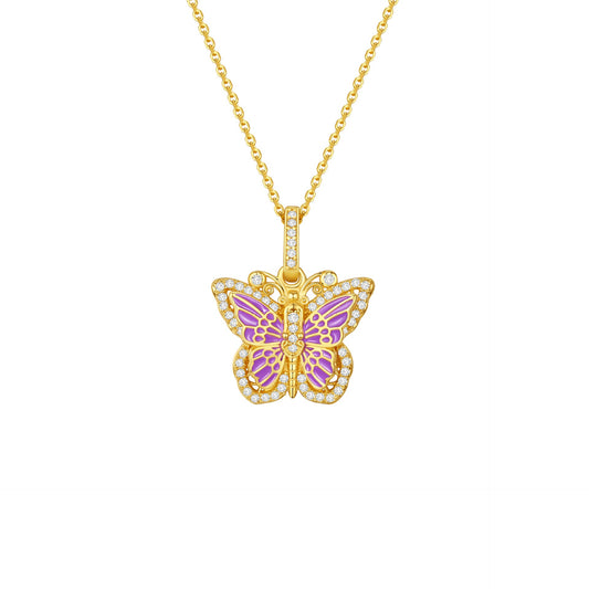 “Lavender Monarch” S925 Sterling Silver Gold Plated Enamel Butterfly Necklace