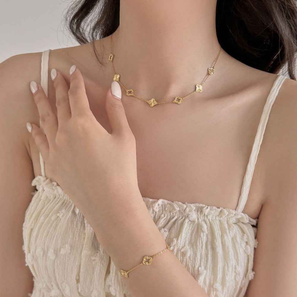 “Luster Clover” 925 Sterling Silver Laser-Cut Clover Necklace & Bracelet Set