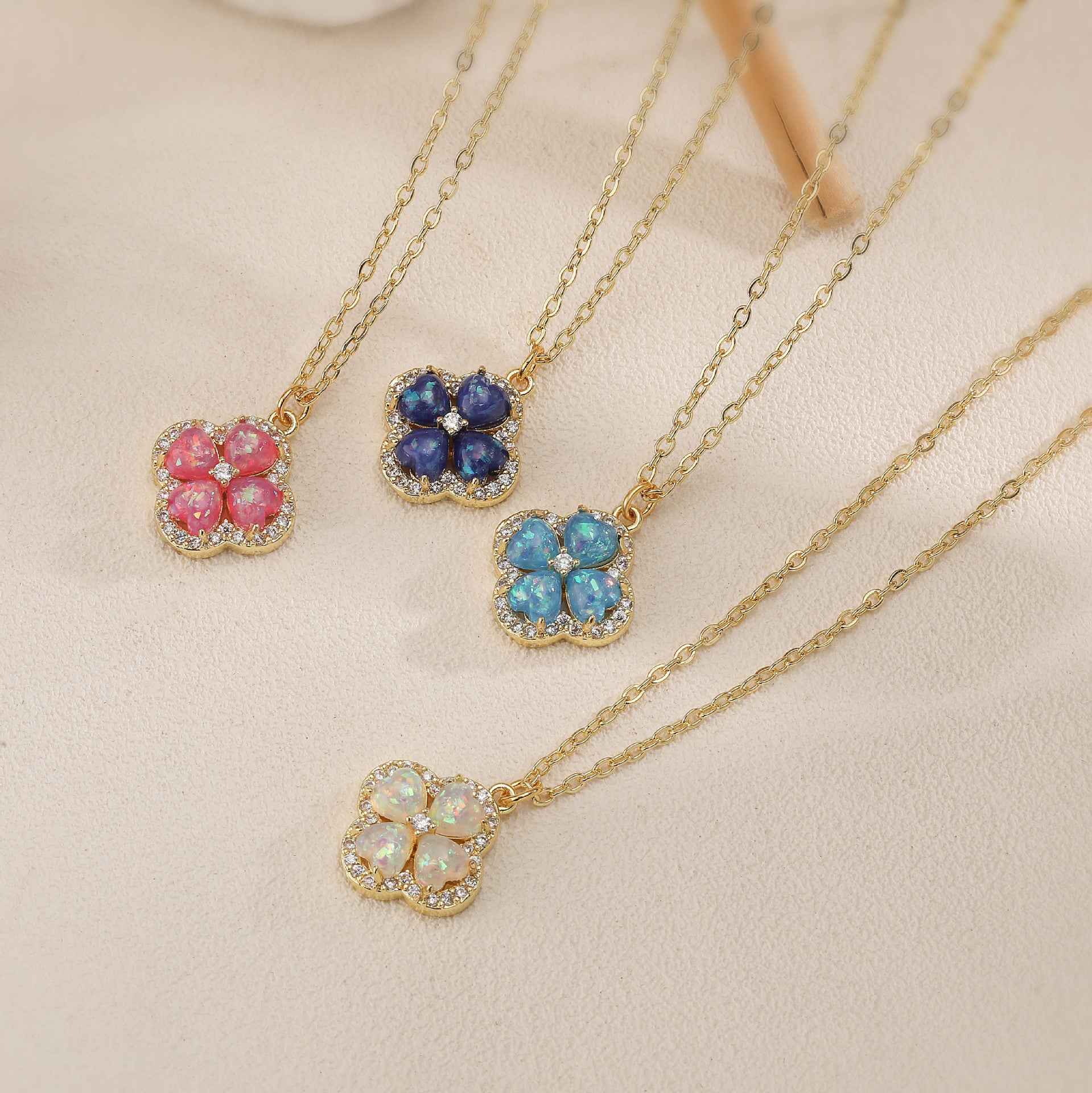 “Clover Bloom” Gold-Tone Brass Colorful Zircon Clover Jewelry Set