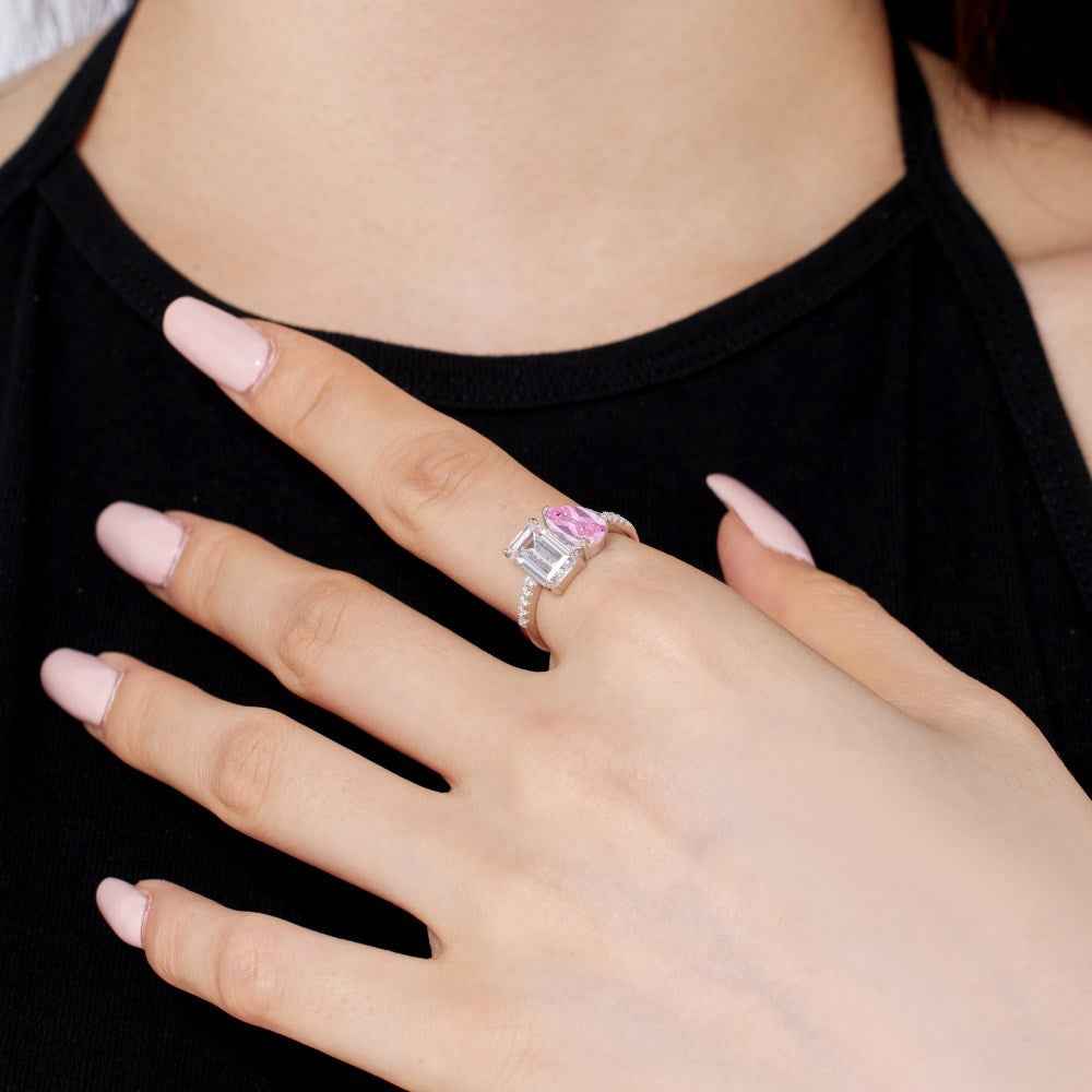 “Dual Lumina” 925 Sterling Silver Dual-Stone Pear & Emerald-Cut Ring