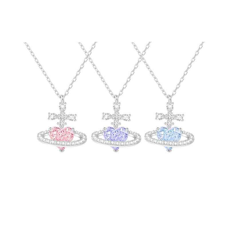 “Celestia Orbit” 925 Sterling Silver Saturn Heart Moissanite Necklace