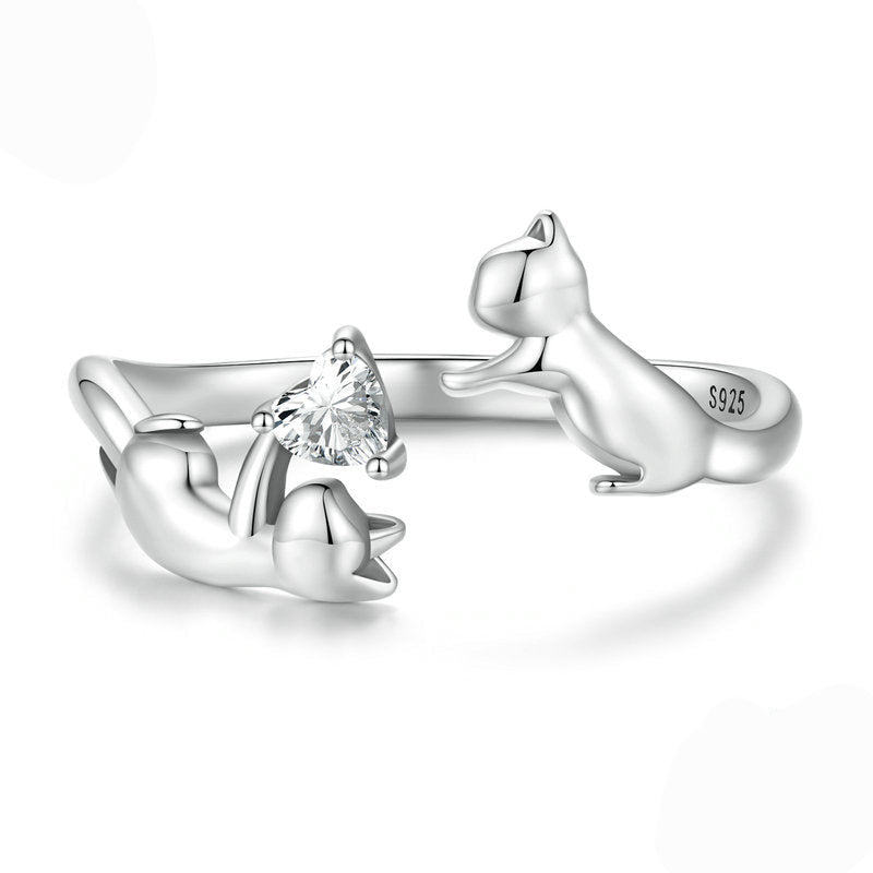 “Kitty’s Treasure” S925 Sterling Silver Heart Stone Cat Open Adjustable Ring