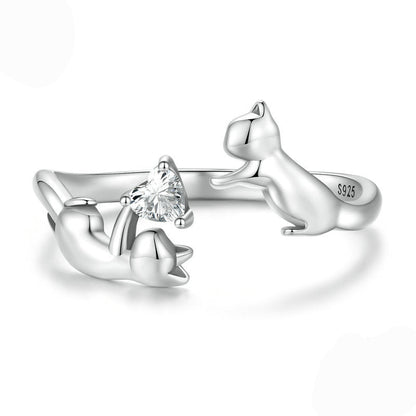 “Kitty’s Treasure” S925 Sterling Silver Heart Stone Cat Open Adjustable Ring