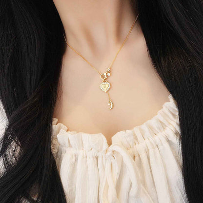 “Moonlit Heartfall” 925 Sterling Silver Star Moon Heart Pendant Necklace