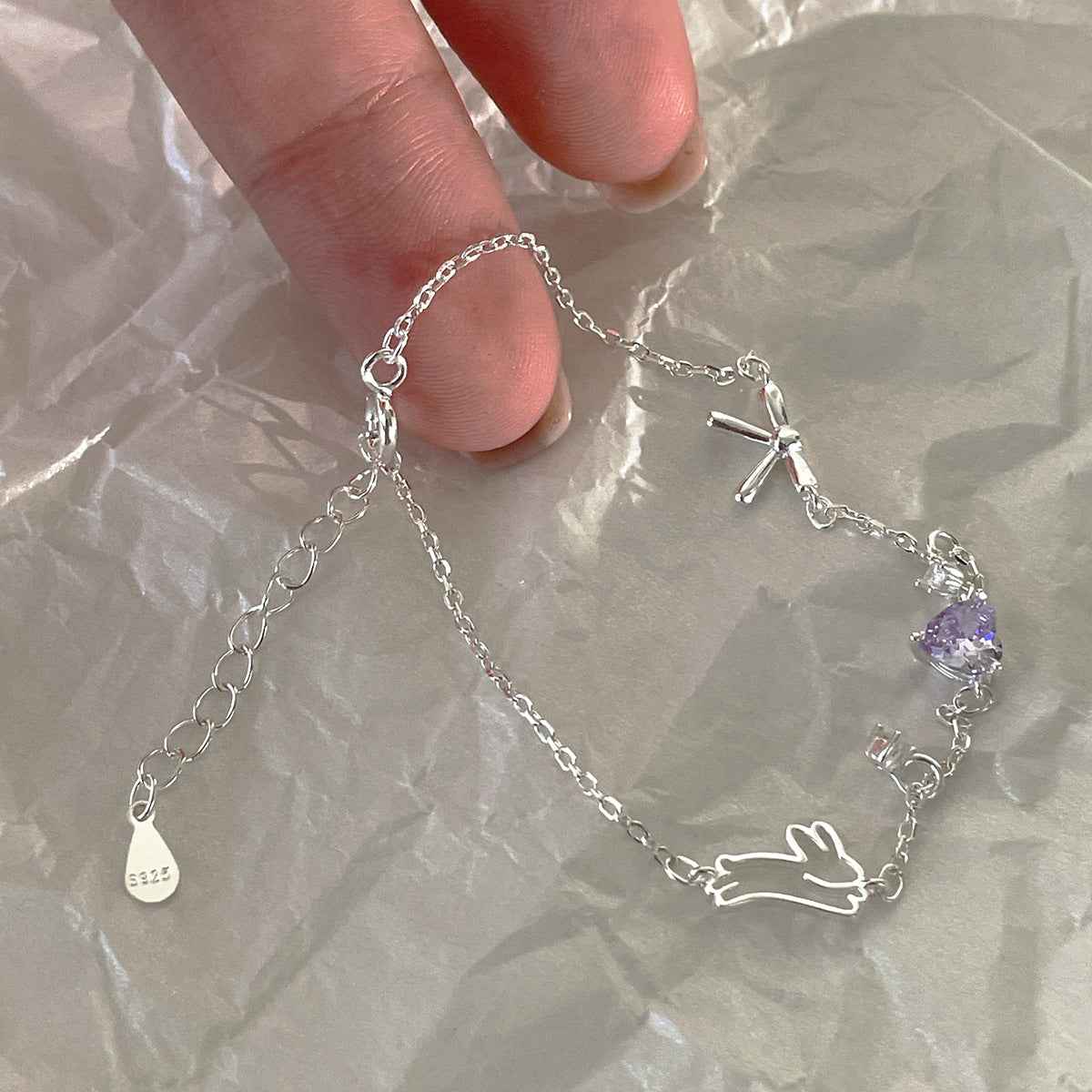 “Bunny Charm Heart” 925 Sterling Silver Sweet Lavender Zircon Bracelet