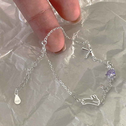 “Bunny Charm Heart” 925 Sterling Silver Sweet Lavender Zircon Bracelet
