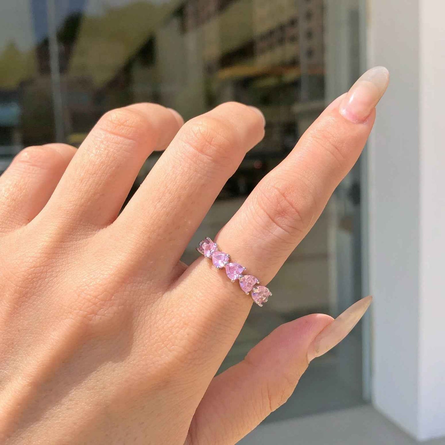 “Sweetheart Eternity” 925 Sterling Silver Pink Heart Eternity Ring