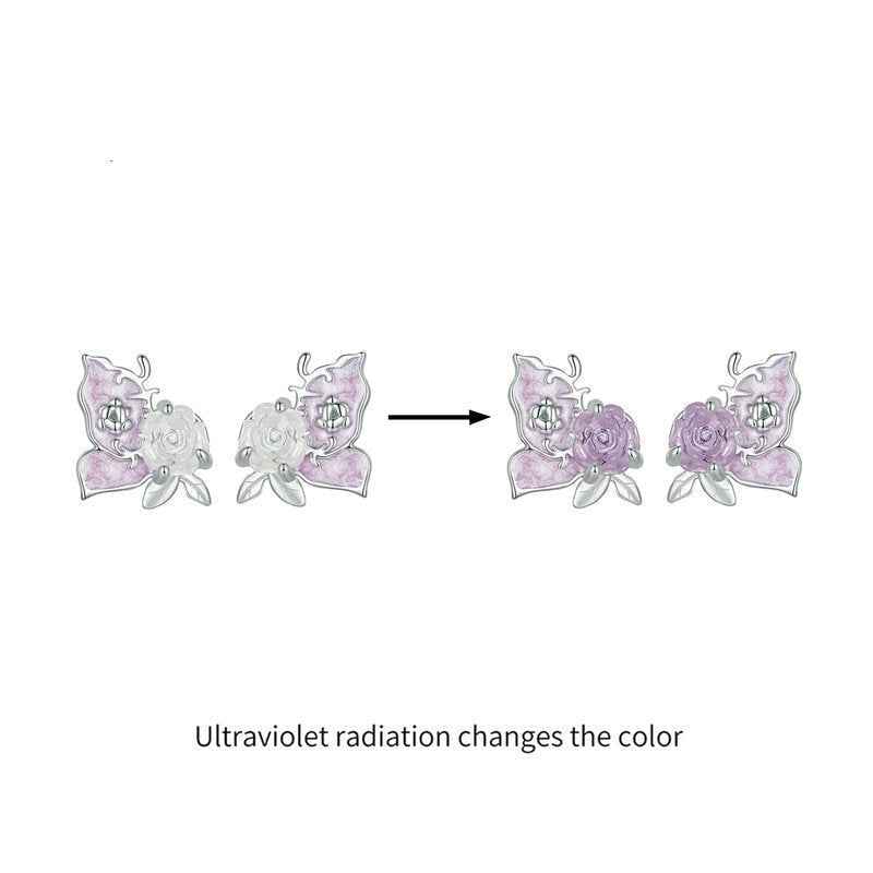 “Violet Flutter” 925 Sterling Silver Color-Changing Butterfly Rose Earrings