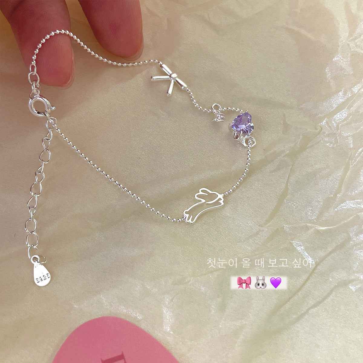 “Bunny Charm Heart” 925 Sterling Silver Sweet Lavender Zircon Bracelet