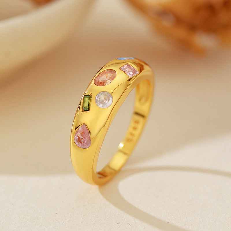"Gem Symphony" 18K Gold / Platinum-Plated 925 Sterling Silver Multi-Color Zircon Ring