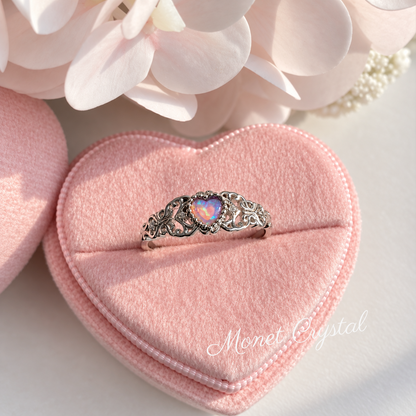 “Opal Lace” White Gold Plated S925 Sterling Silver Pink Opal Filigree Ring