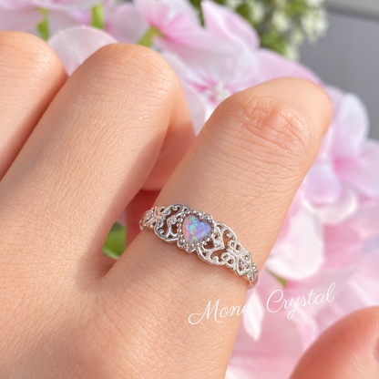 “Opal Lace” White Gold Plated S925 Sterling Silver Pink Opal Filigree Ring