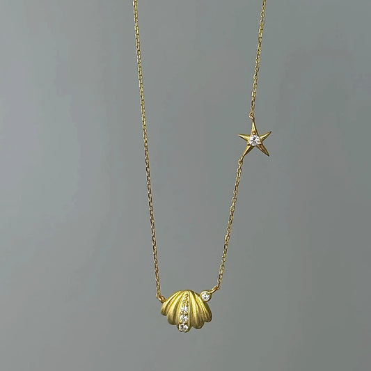 „Orange Ocean“ 925 Sterling vergoldete Muschel-Stern-Halskette mit Diamantreihen – Low-Luxury &amp; Coastal Chic 